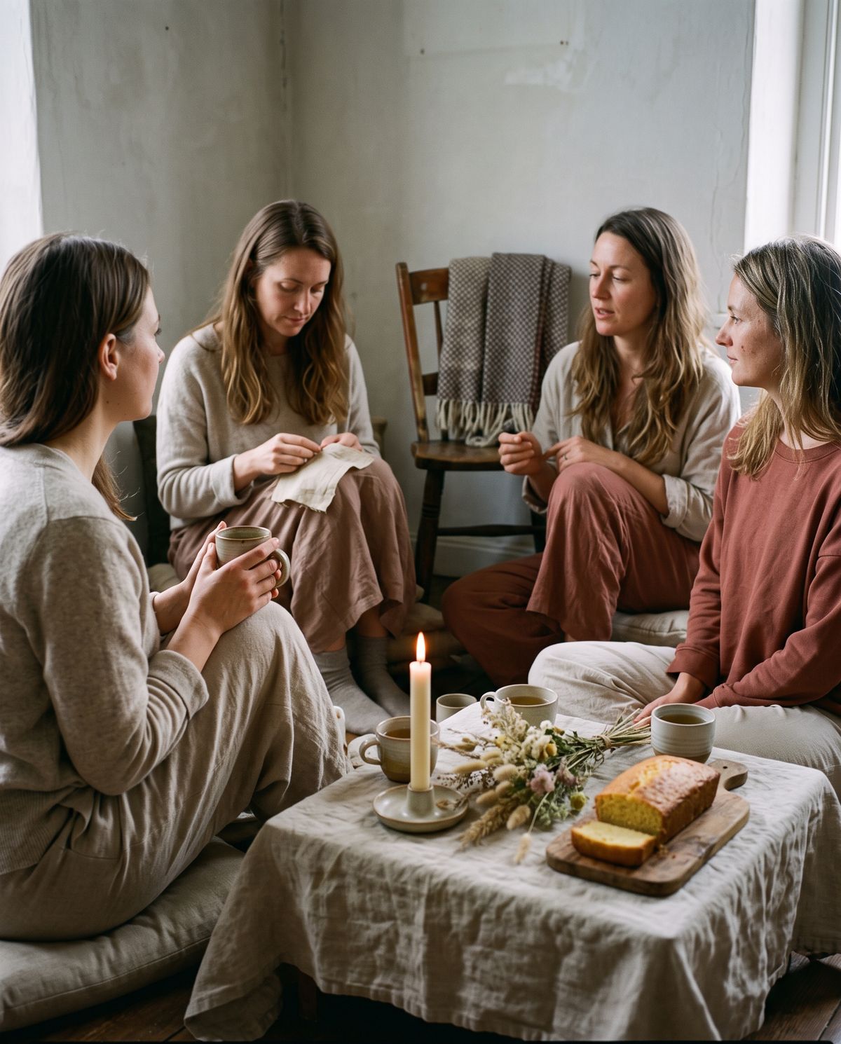 Four women sitting close together around a low table with a candle, dried flowers and homemade lemon cake, one holding a mug of tea and another stitching