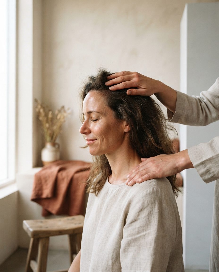 A woman with her eyes closed and a gentle smile receiving Indian head massage, with hands resting on her head and shoulder