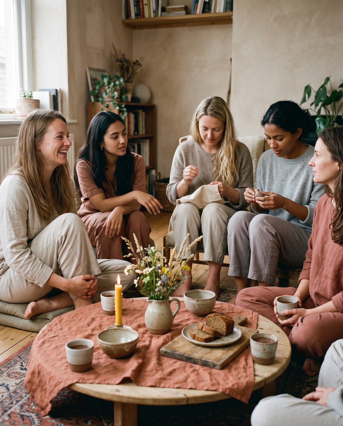 Five women gathered around a round table with a lit candle, wildflowers, cacao and homemade cake, talking and crafting together